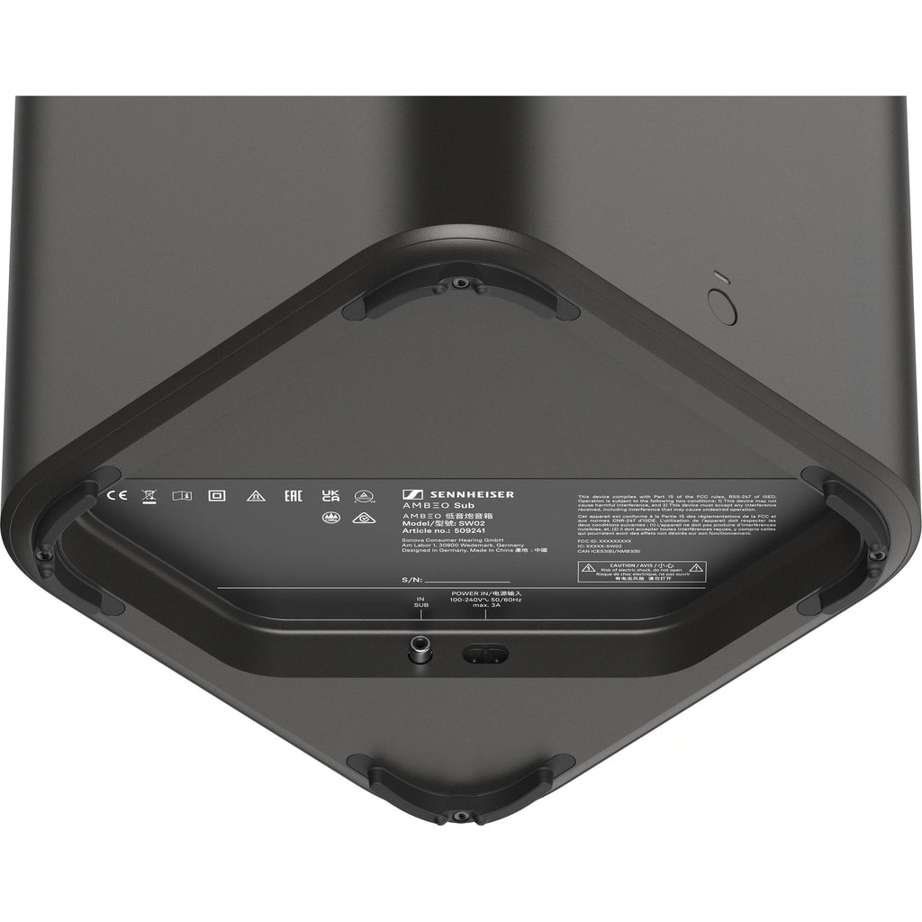 Sennheiser Ambeo Subwoofer showing its sleek black design and connection ports for immersive bass audio.