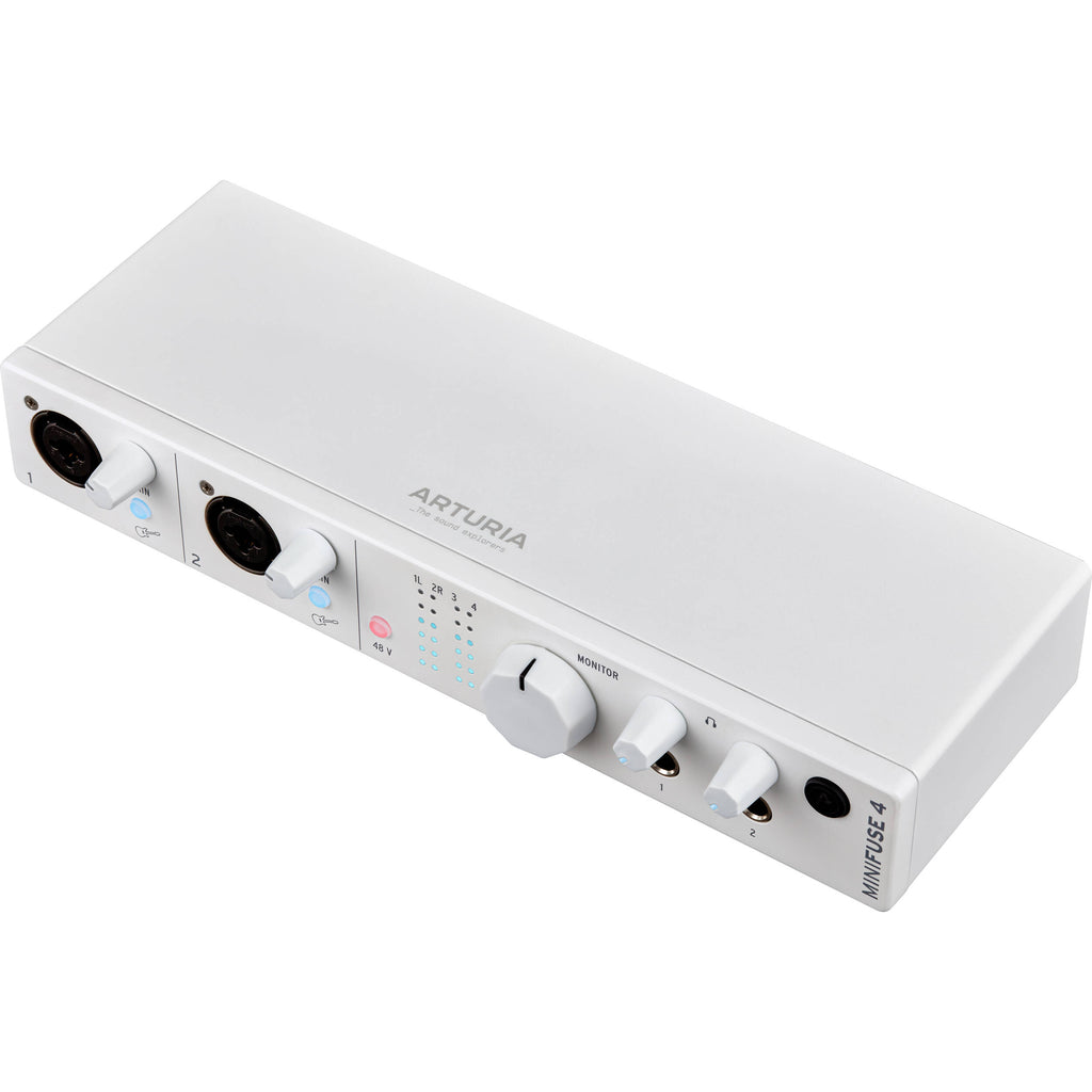 Arturia MiniFuse 4 audio interface with multiple input and output ports, compact design, and professional studio connectivity.