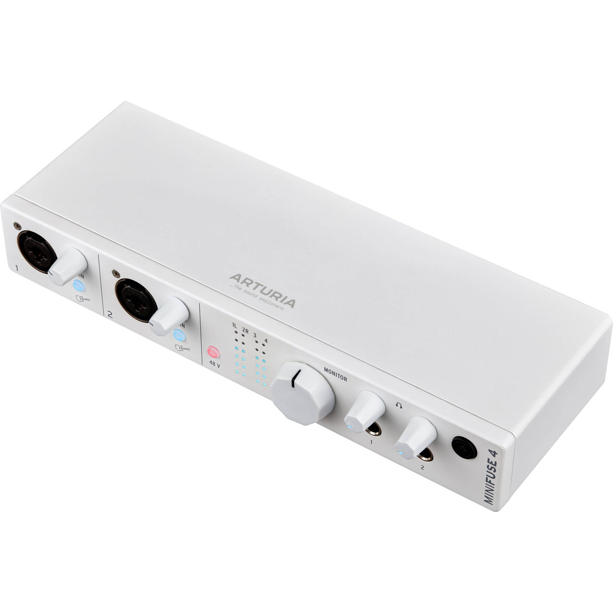 Arturia MiniFuse 4 audio interface with multiple input and output ports, compact design, and professional studio connectivity.