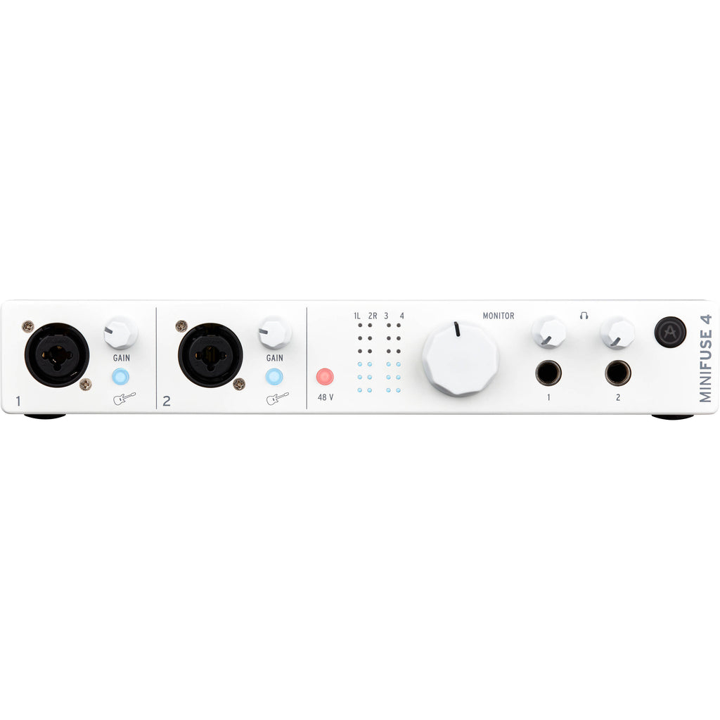 Arturia MiniFuse 4 audio interface with multiple input and output ports, compact design, and professional audio connectivity.