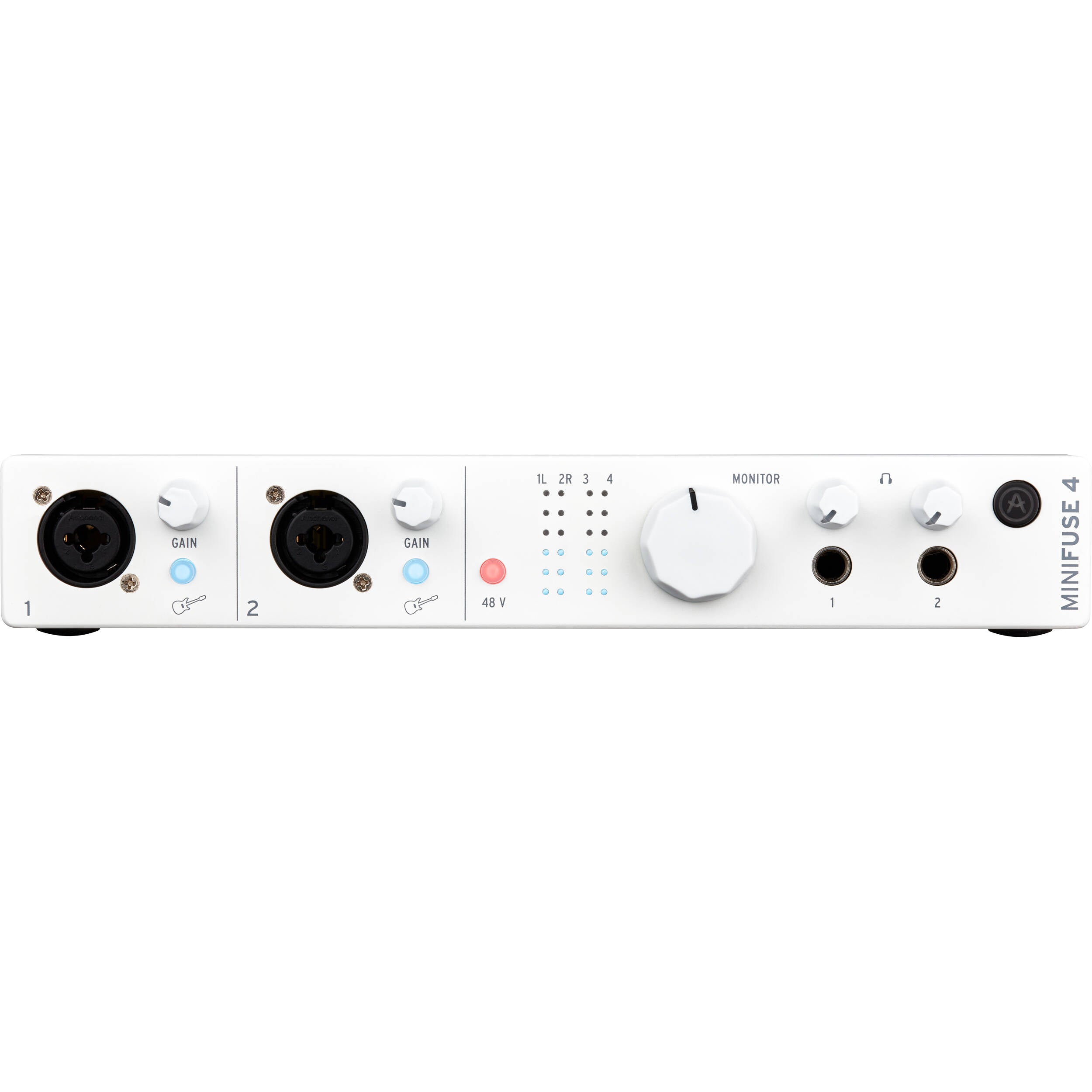 Arturia MiniFuse 4 audio interface with multiple input and output ports, compact design, and professional audio connectivity.