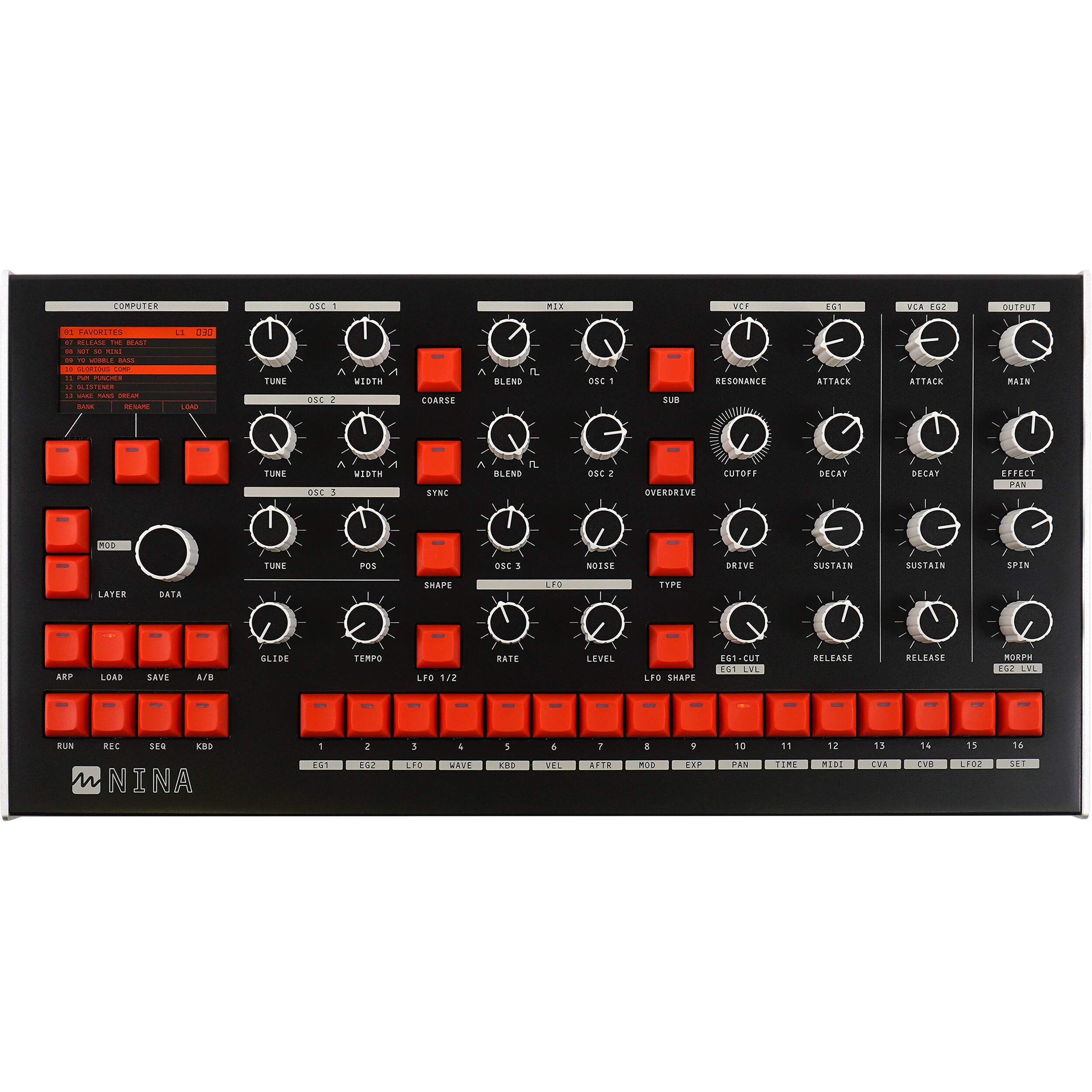 Melbourne Instruments Nina semi-modular synthesizer with patch cables and control knobs, showcasing its compact design and interface.