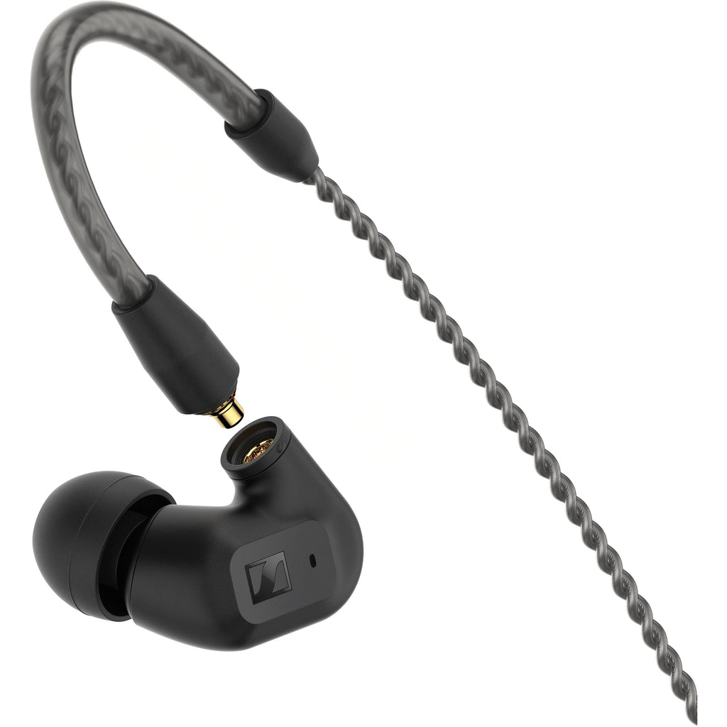 Sennheiser IE 200 wired in-ear headphones with sleek black design and clear ear tips, featuring premium audio quality.