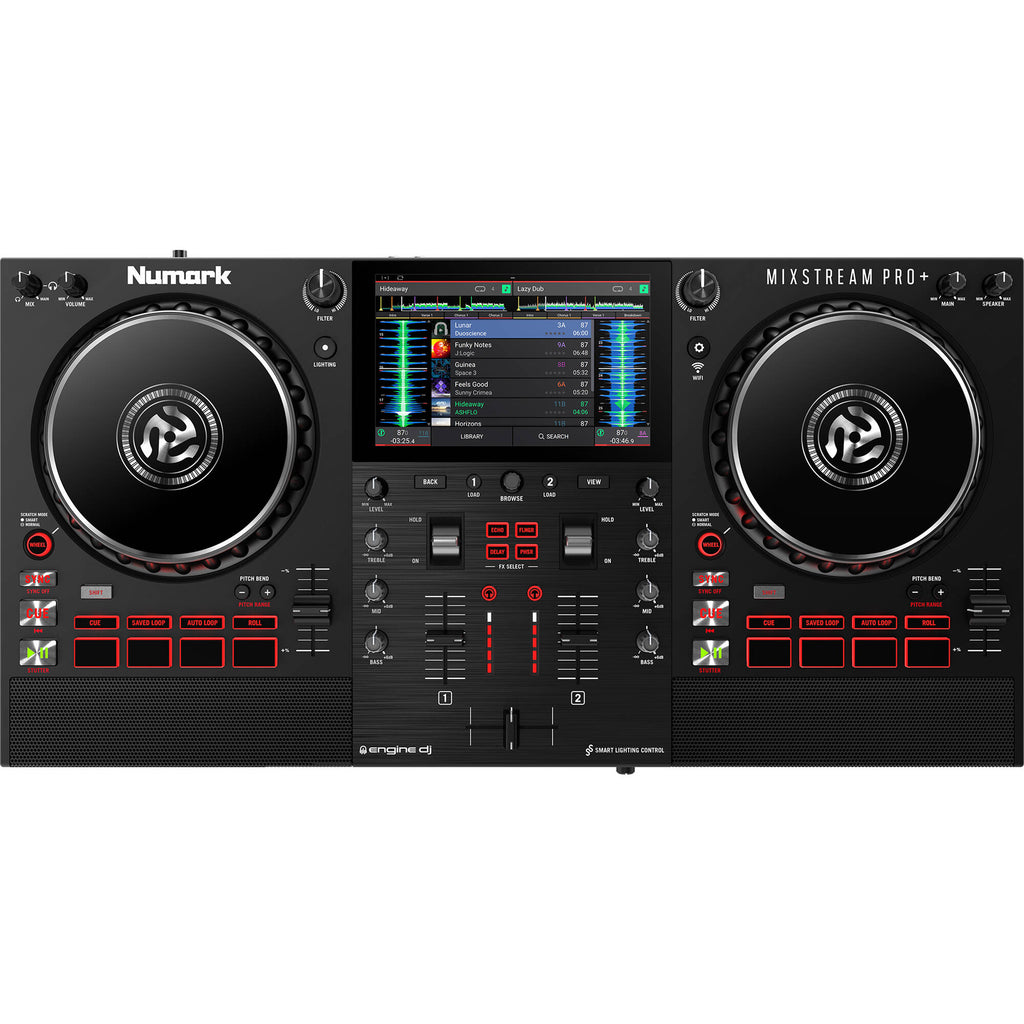 Numark Mixstream Pro+ DJ media player with dual turntables, colorful LED displays, and professional audio controls.