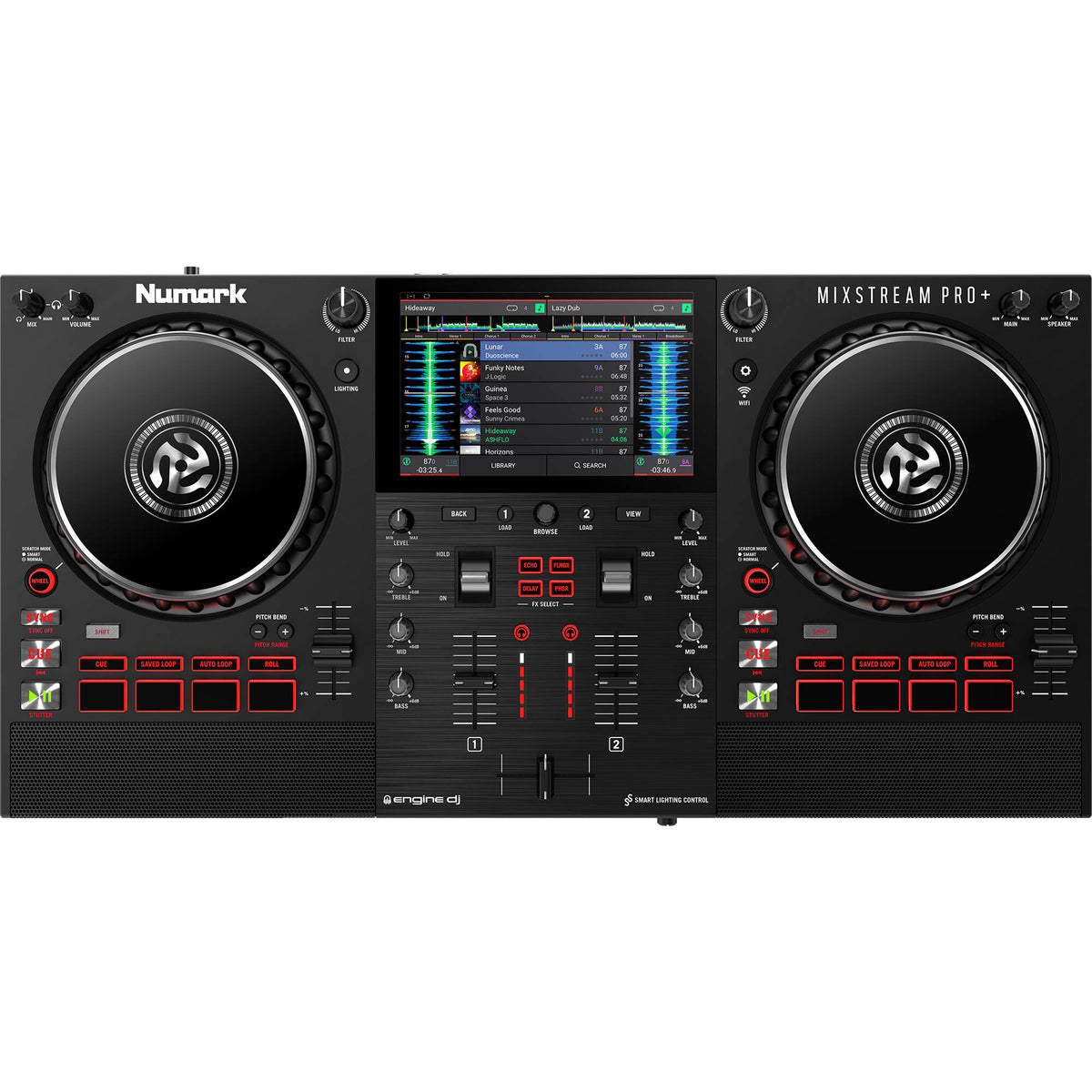 Numark Mixstream Pro+ DJ media player with dual turntables, colorful LED displays, and professional audio controls.