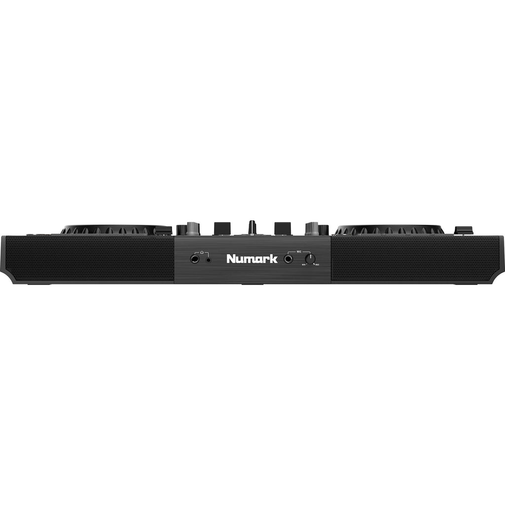 Numark Mixstream Pro+ DJ media player with dual jog wheels, colorful LED lighting, and control knobs for professional DJ performances.