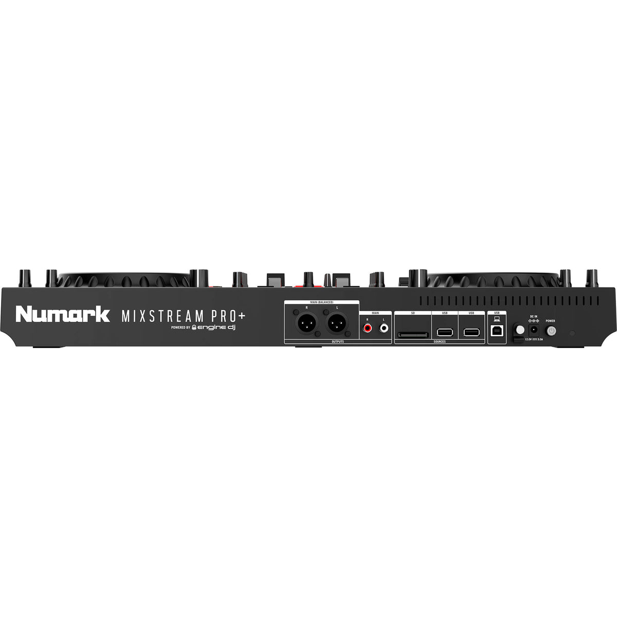 Numark Mixstream Pro+ DJ media player with touchscreen display and control knobs, designed for professional DJs.