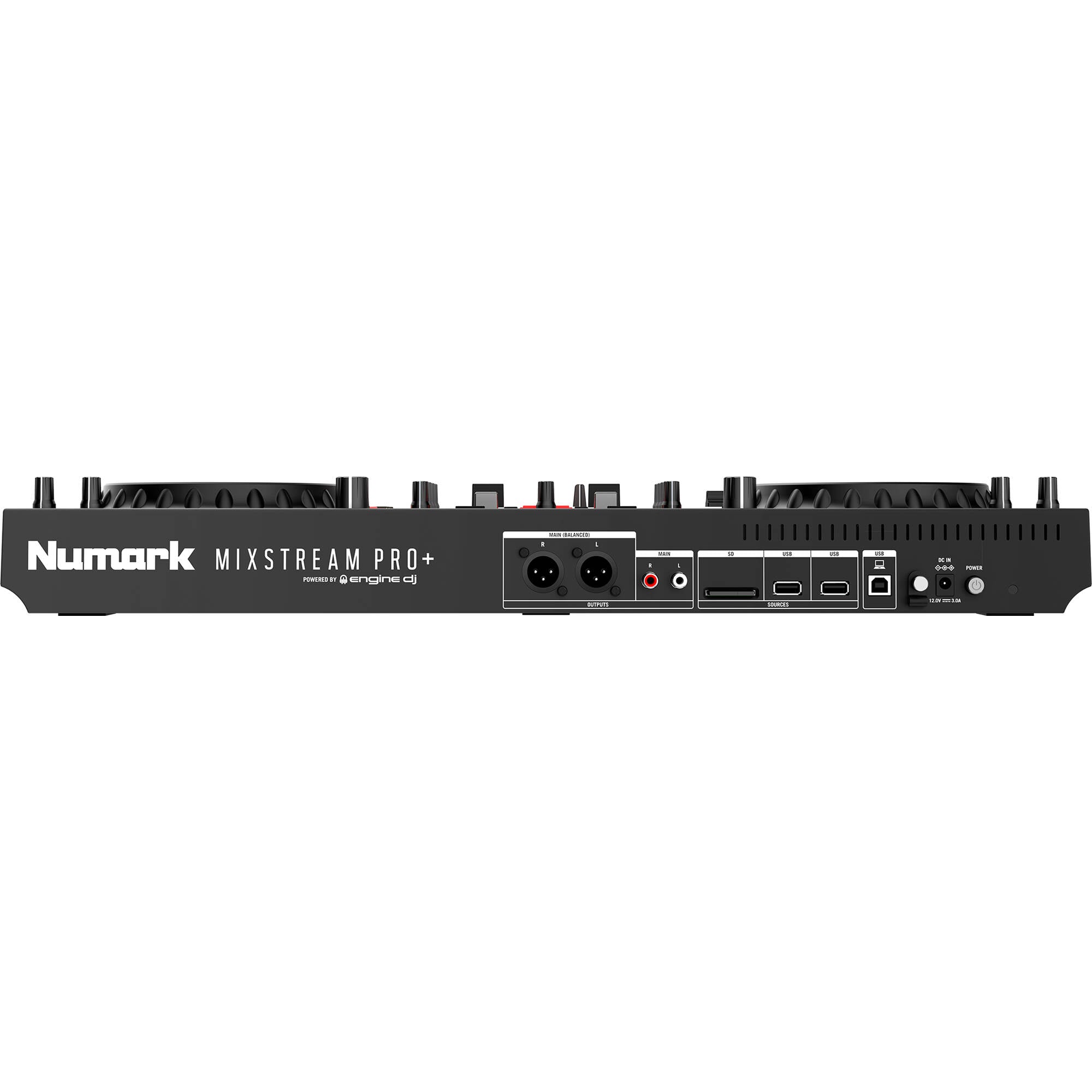 Numark Mixstream Pro+ DJ media player with touchscreen display and control knobs, designed for professional DJs.
