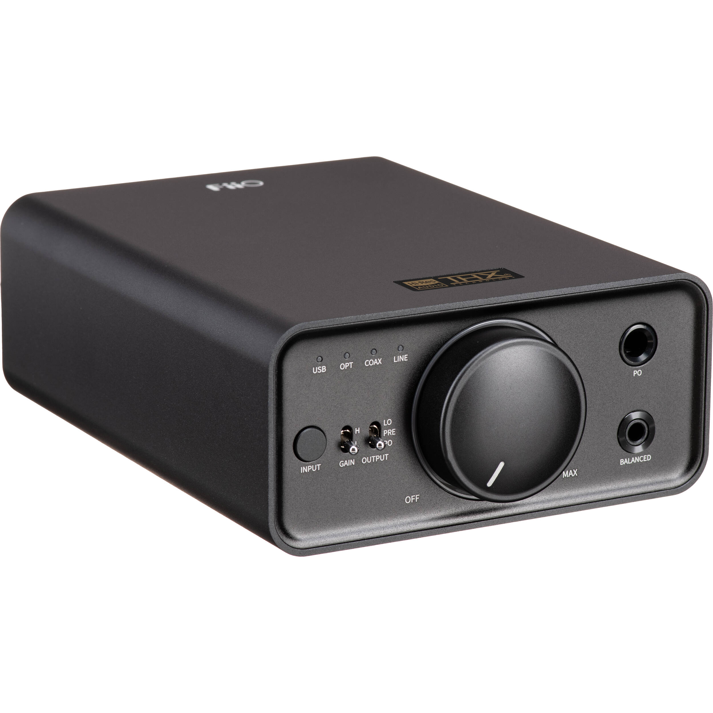 FiiO K7 headphone amplifier and DAC with sleek black design and multiple input/output ports on the front and back.