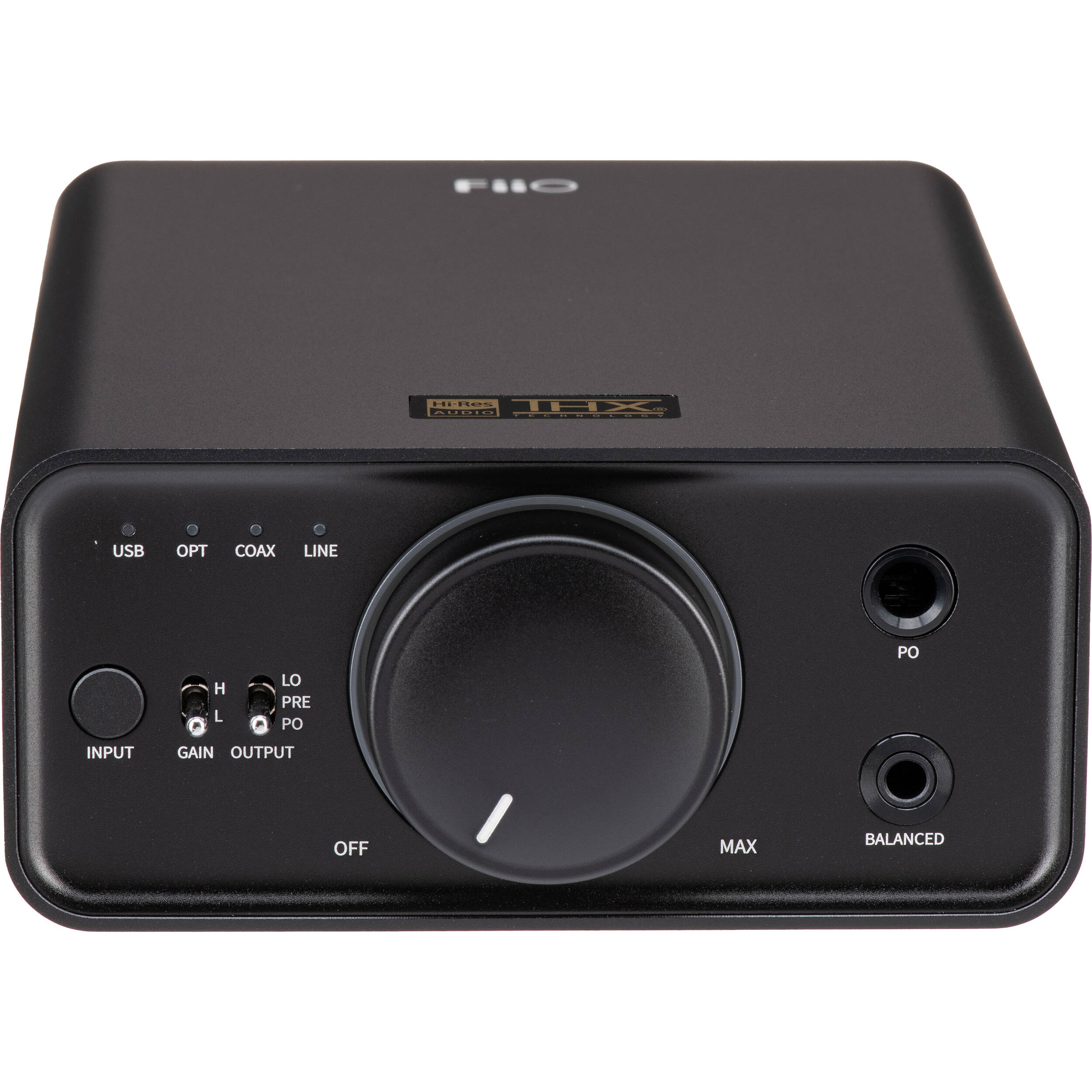 FiiO K7 headphone amplifier and DAC with sleek black design and multiple input ports on a white background.