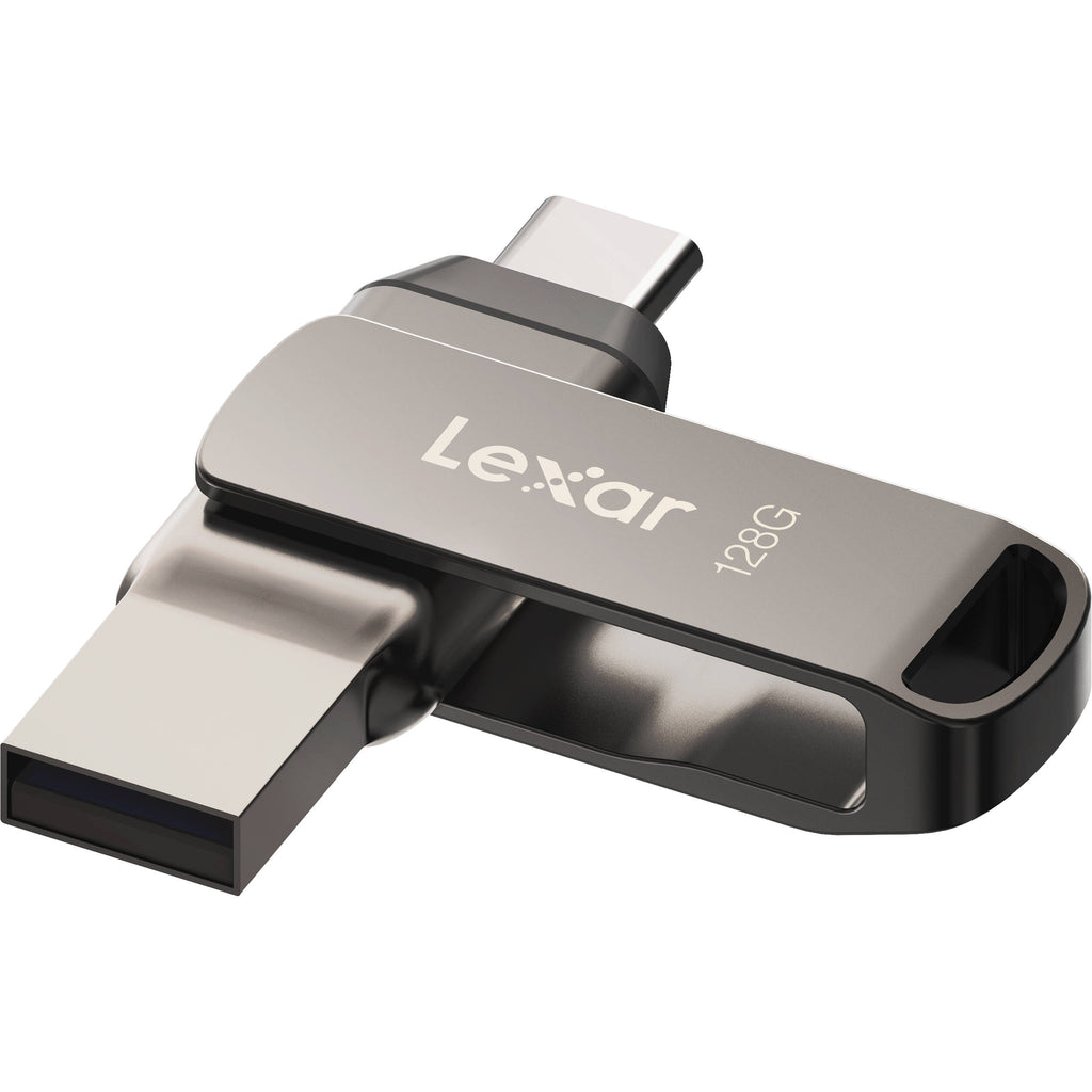 Lexar JumpDrive D400 USB 3.1 2-in-1 flash drive with USB-C and USB-A ports on a white background.