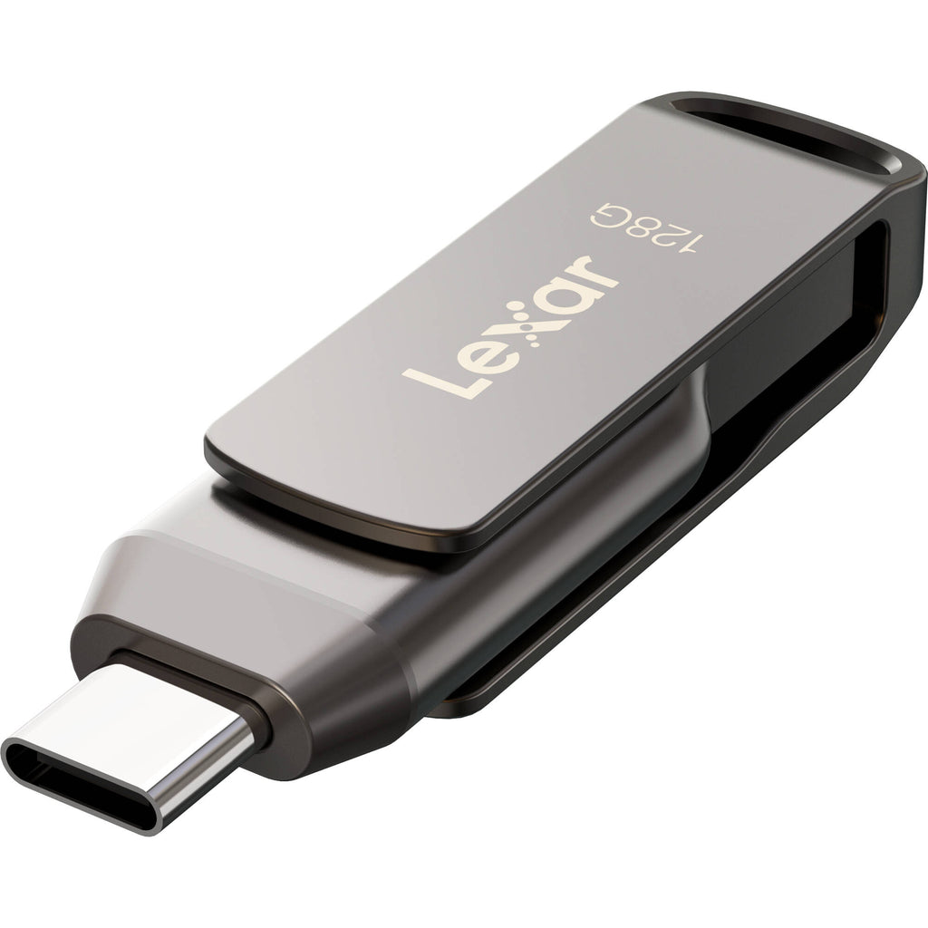 Lexar JumpDrive D400 USB 3.1 2-in-1 flash drive with USB Type-C and Type-A connectors on black background