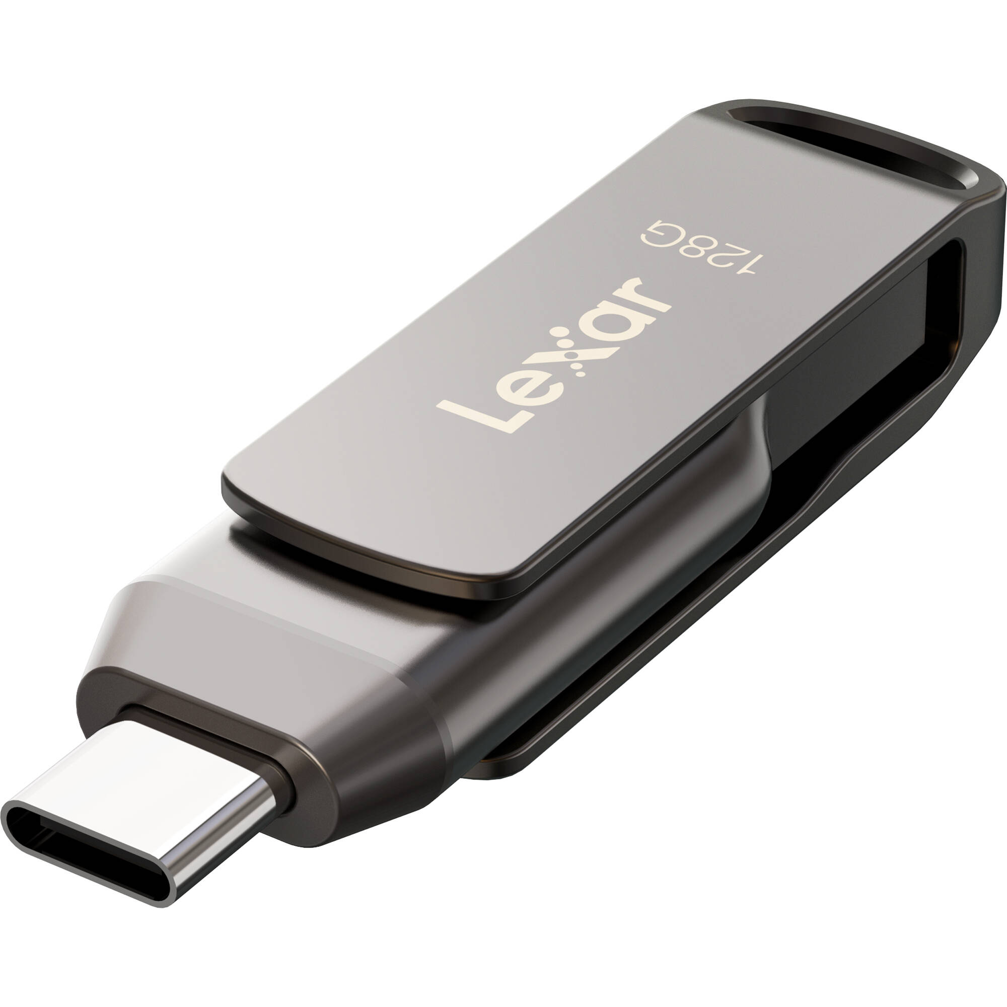 Lexar JumpDrive D400 USB 3.1 2-in-1 flash drive with USB Type-C and Type-A connectors on black background