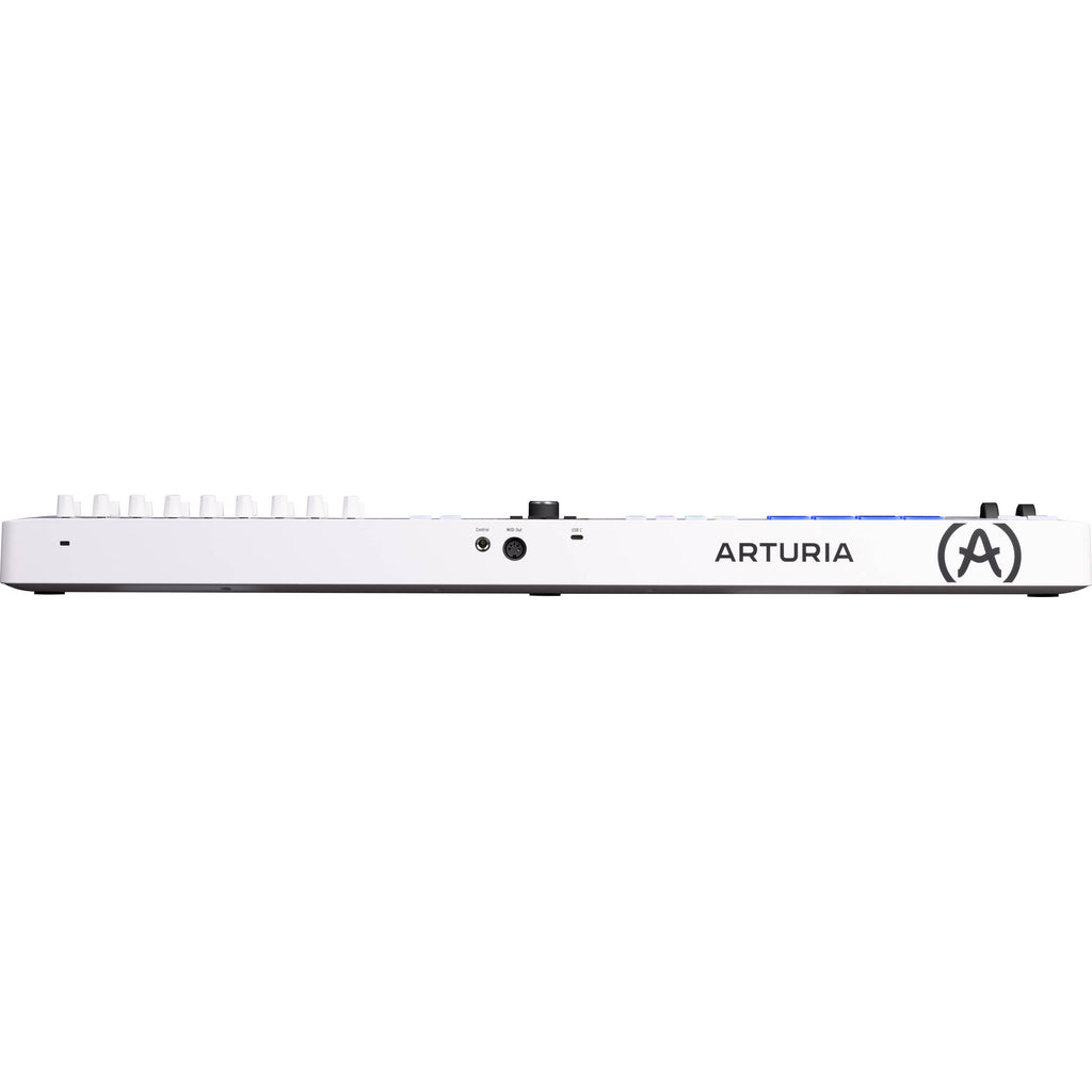 Arturia KeyLab Essential 49 MK3 MIDI keyboard with 49 keys, control knobs, and pads for music production and studio use.