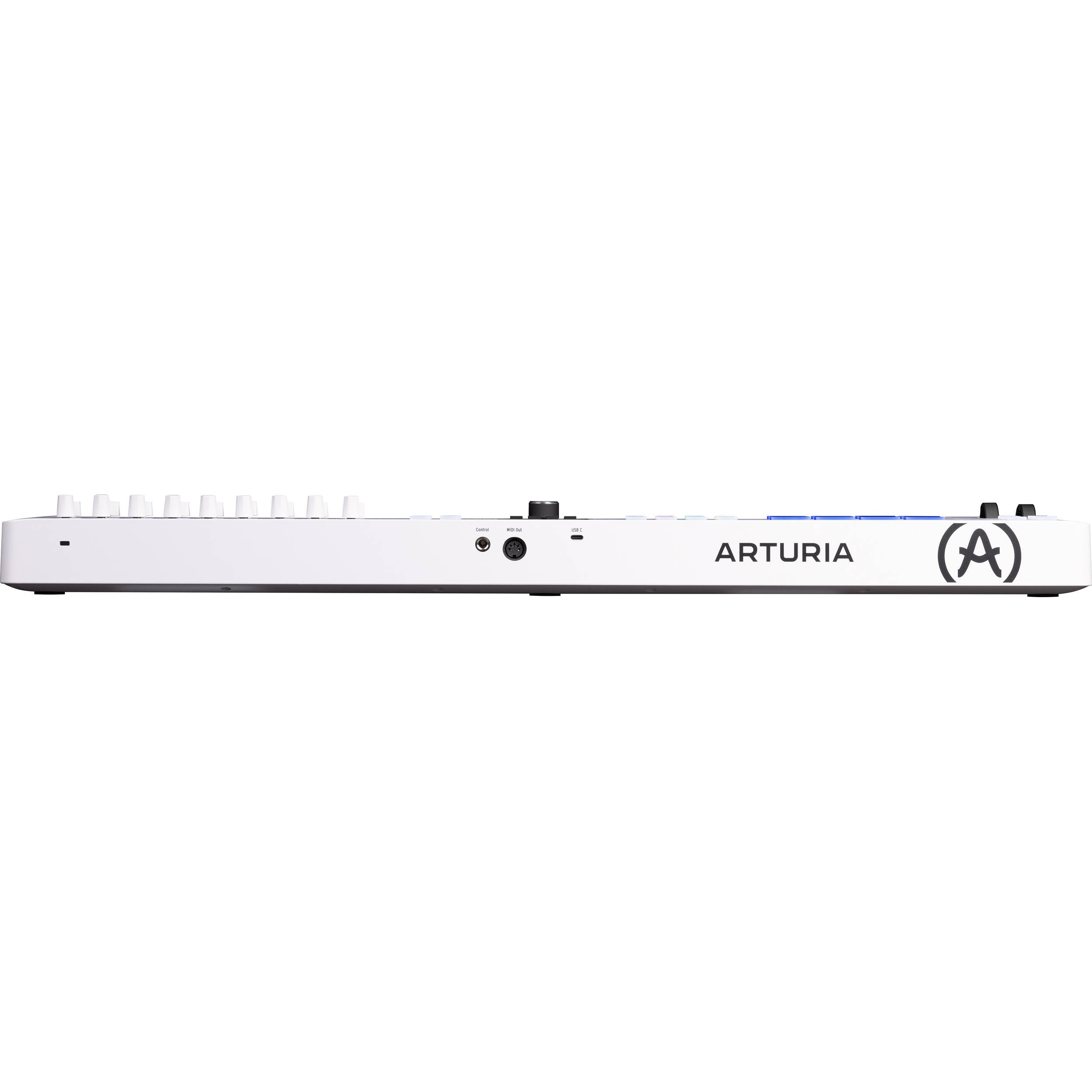 Arturia KeyLab Essential 49 MK3 MIDI keyboard with 49 keys, control knobs, and pads for music production and studio use.