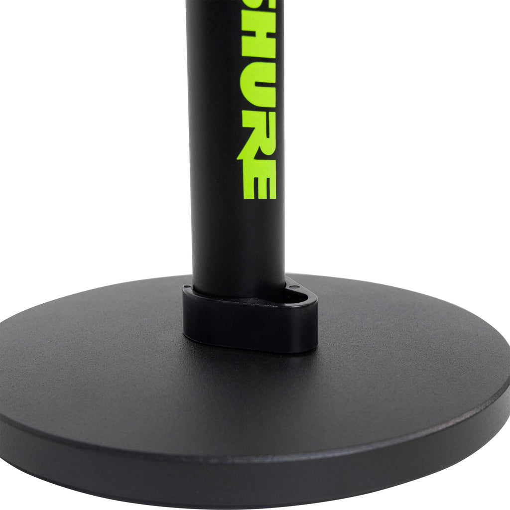 Shure SH-DESKTOP1 desktop microphone stand with adjustable arm and sturdy base, designed for studio and podcast use.
