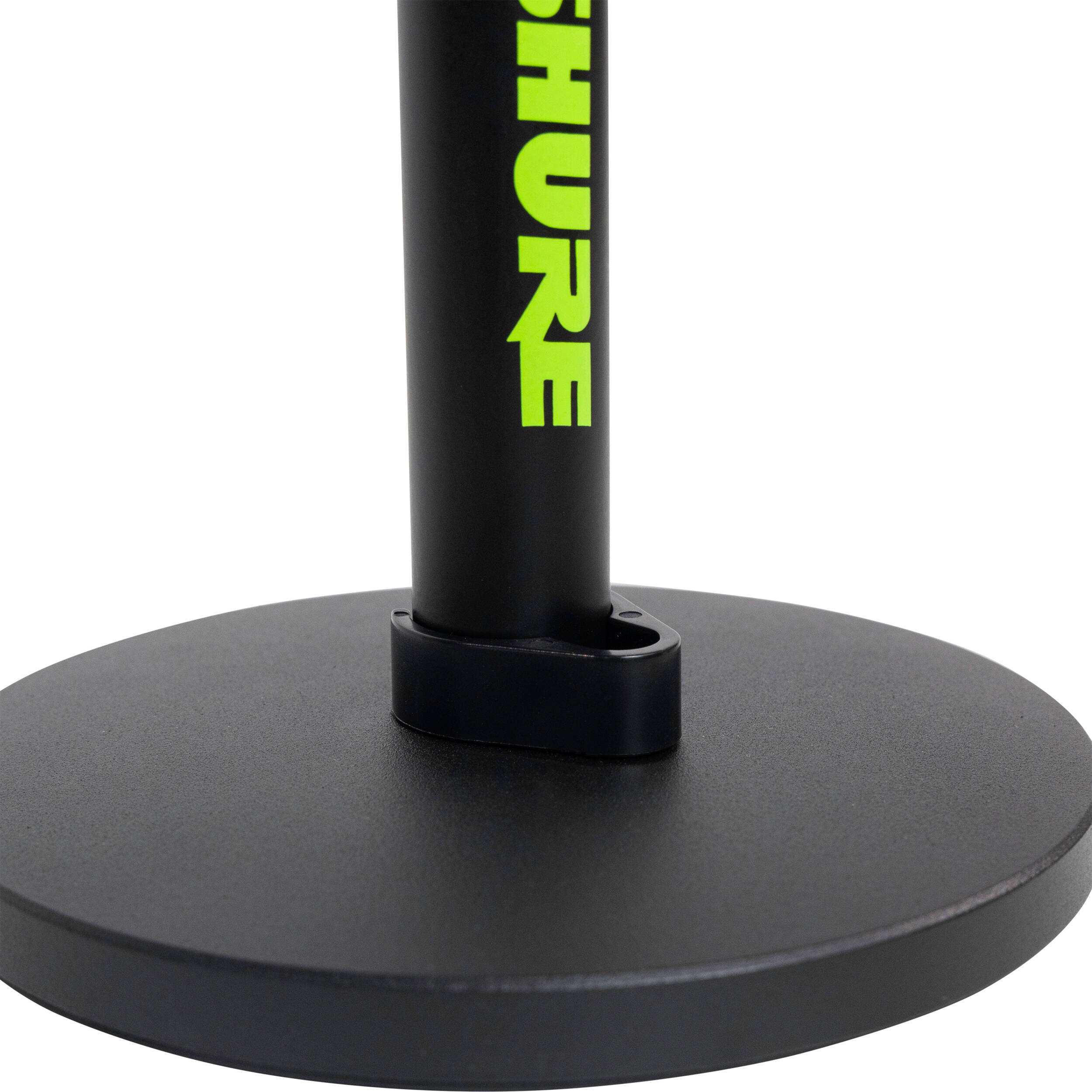 Shure SH-DESKTOP1 desktop microphone stand with adjustable arm and sturdy base, designed for studio and podcast use.