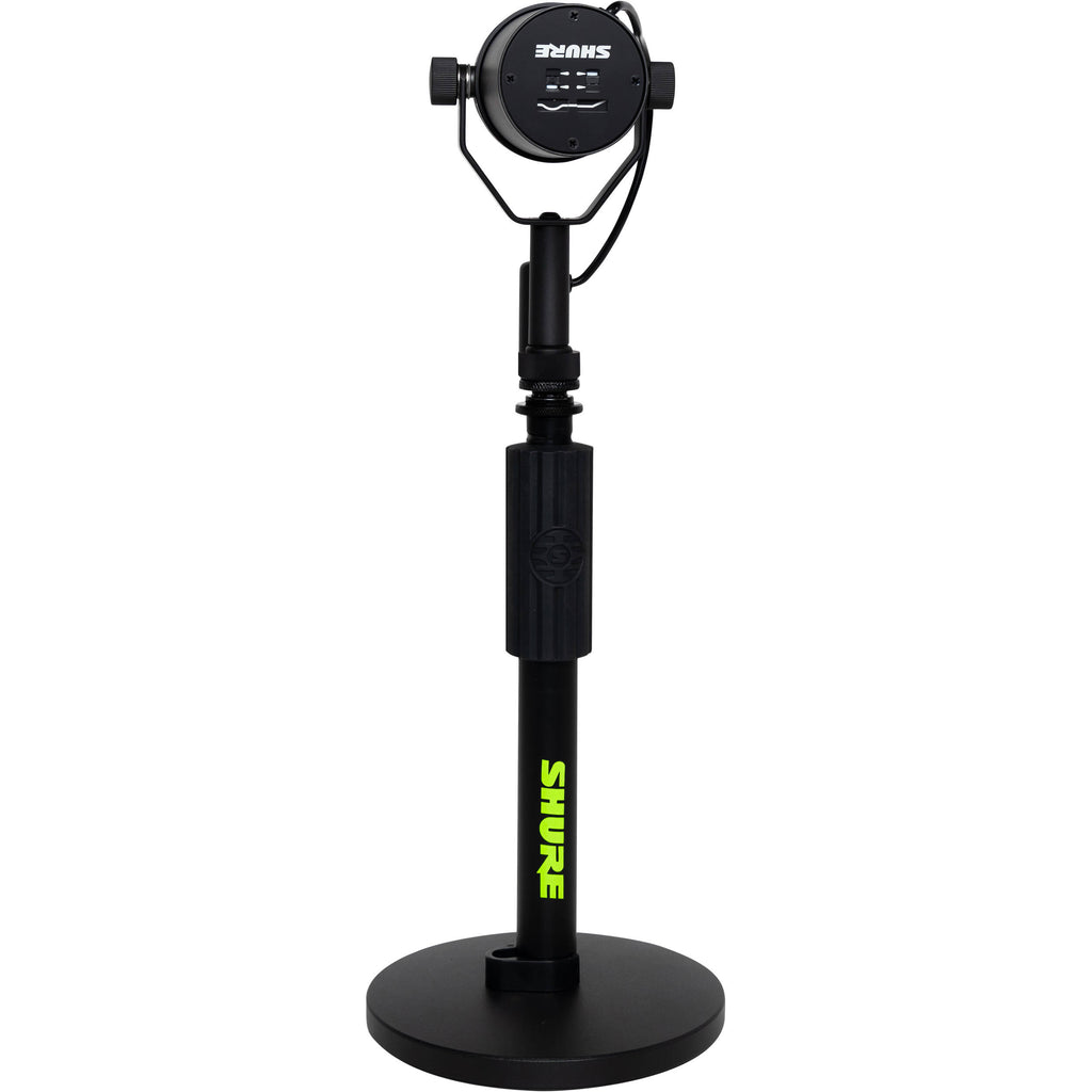 Shure SH-DESKTOP1 desktop microphone stand with adjustable arm and stable base for professional audio recording and broadcasting.