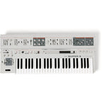 UDU Audio Super 6 synthesizer keyboard with black and silver design, featuring multiple knobs and controls on a sleek surface.