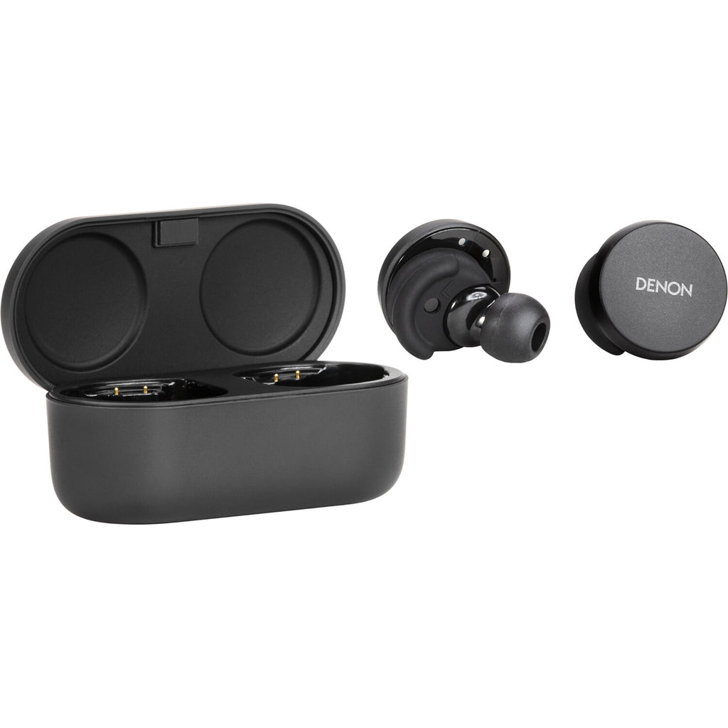 Denon PerL wireless in-ear headphones with sleek black design, compact earbuds, and charging case on a white background.