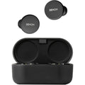 Denon PerL wireless in-ear headphones with sleek black earbuds and inline controls, designed for premium sound and comfort.