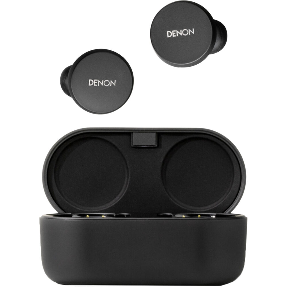 Denon PerL wireless in-ear headphones with sleek black earbuds and inline controls, designed for premium sound and comfort.