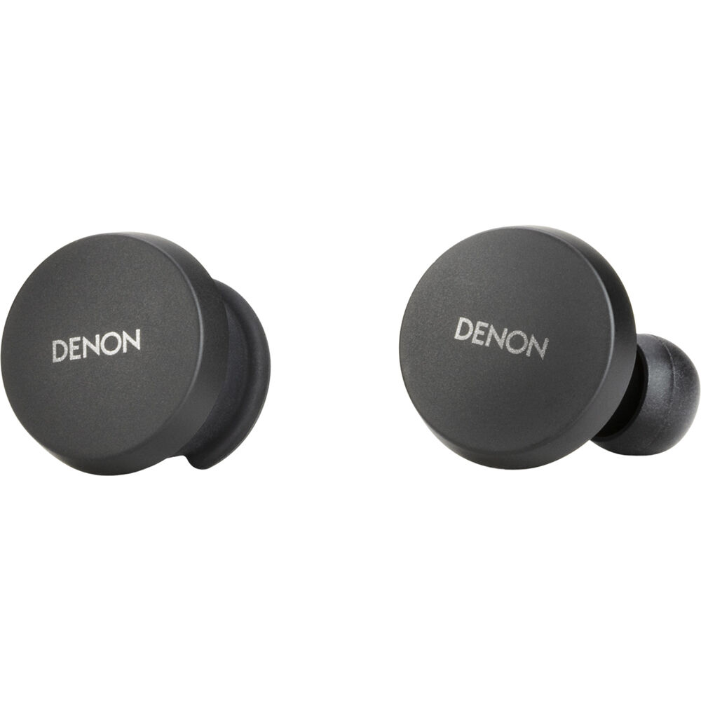 Denon PerL wireless in-ear headphones with black earbuds and sleek design, shown resting on a white surface.
