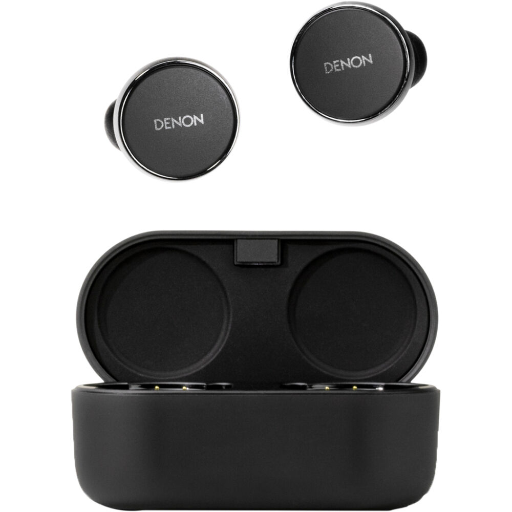 Wireless in-ear headphones from Denon PerL PRO with sleek design and ergonomic fit, shown in black.