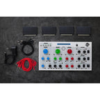 Erica Synths Bullfrog desktop synthesizer with various knobs and patch points, black and silver control panel.