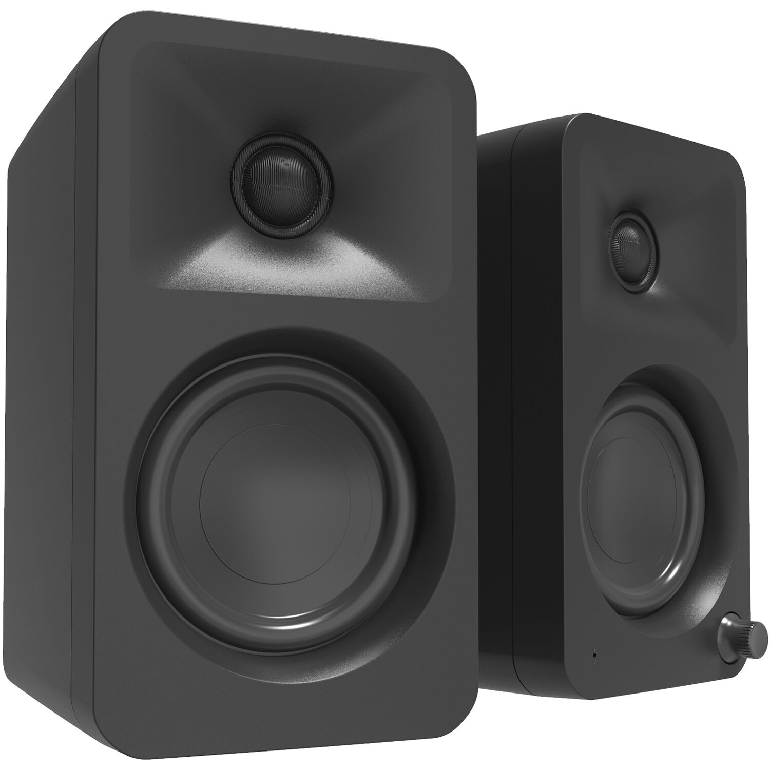 Kanto Audio Ora desktop speakers in black with sleek design and dual speaker setup on a minimalist desk.