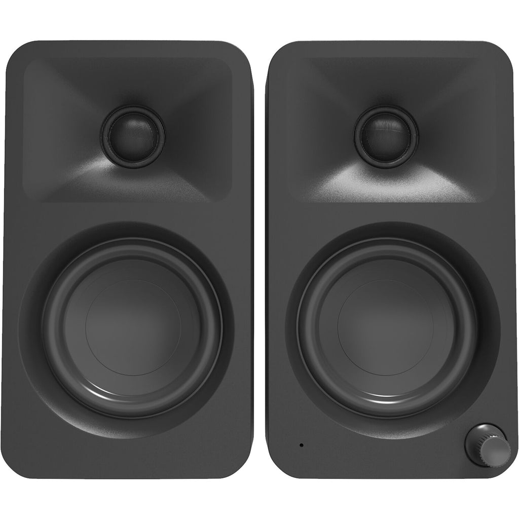 Kanto Audio Ora desktop speakers with sleek black design, featuring dual drivers and a compact modern look.