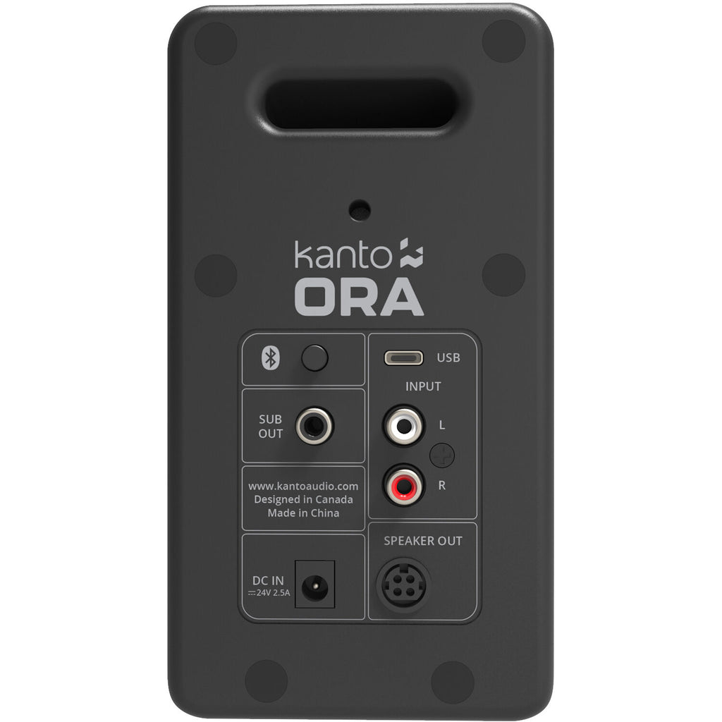 Kanto Audio Ora desktop speakers with sleek black design and modern speaker grills, ideal for computer or music listening setups.