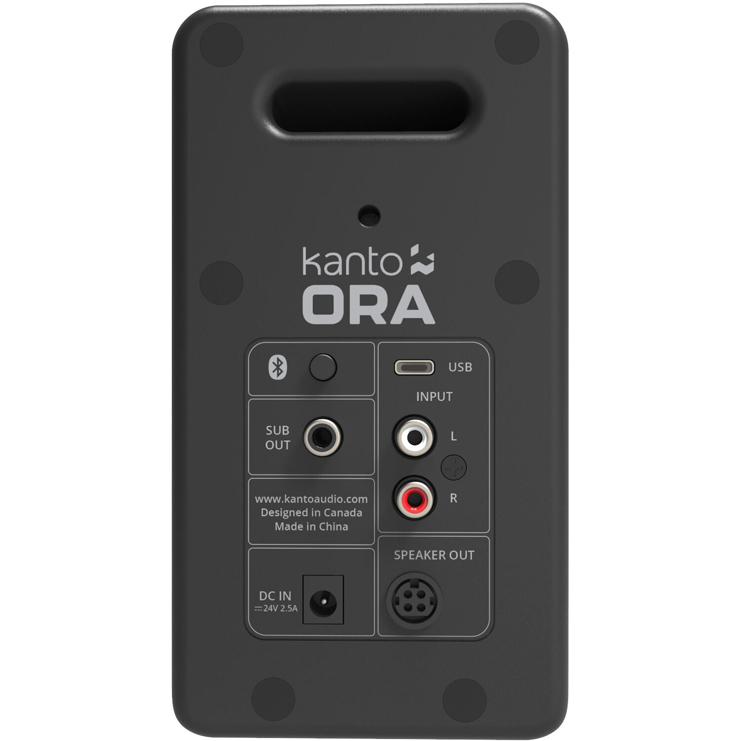 Kanto Audio Ora desktop speakers with sleek black design and modern speaker grills, ideal for computer or music listening setups.