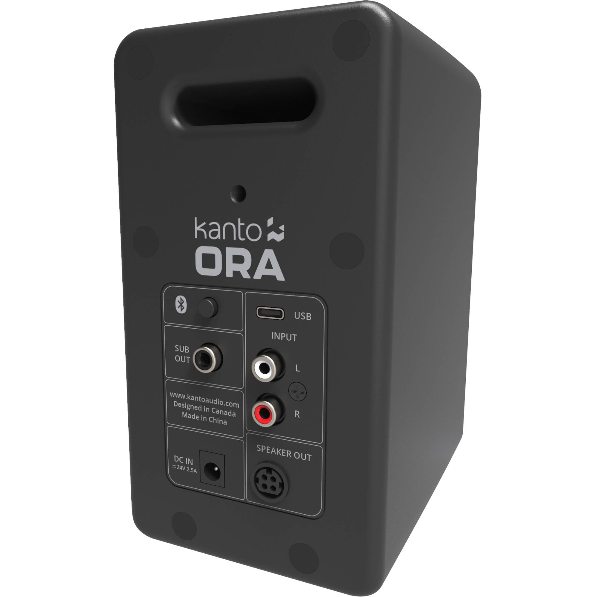 Kanto Audio Ora desktop speakers with sleek black design and compact size, perfect for home or office audio setups.