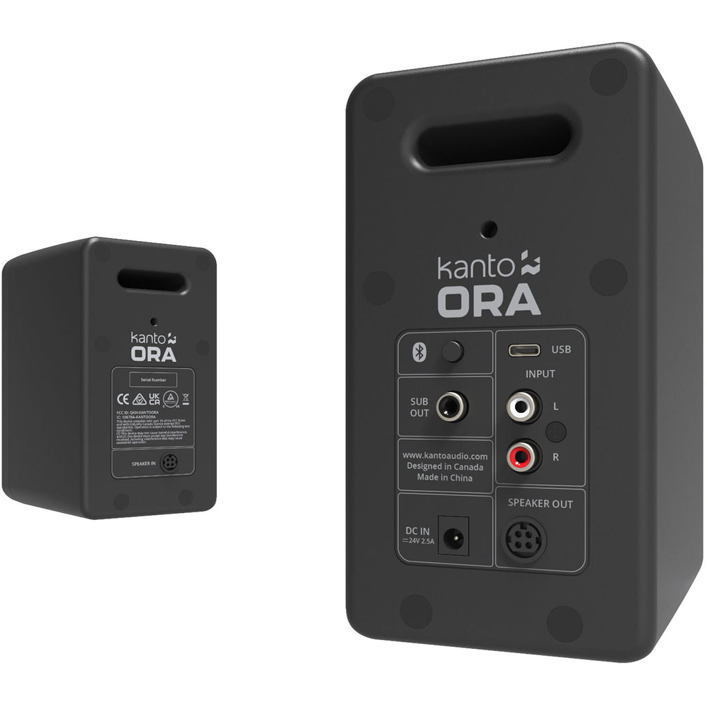 Kanto Audio Ora desktop speakers with sleek black design and compact size, ideal for high-quality computer audio.