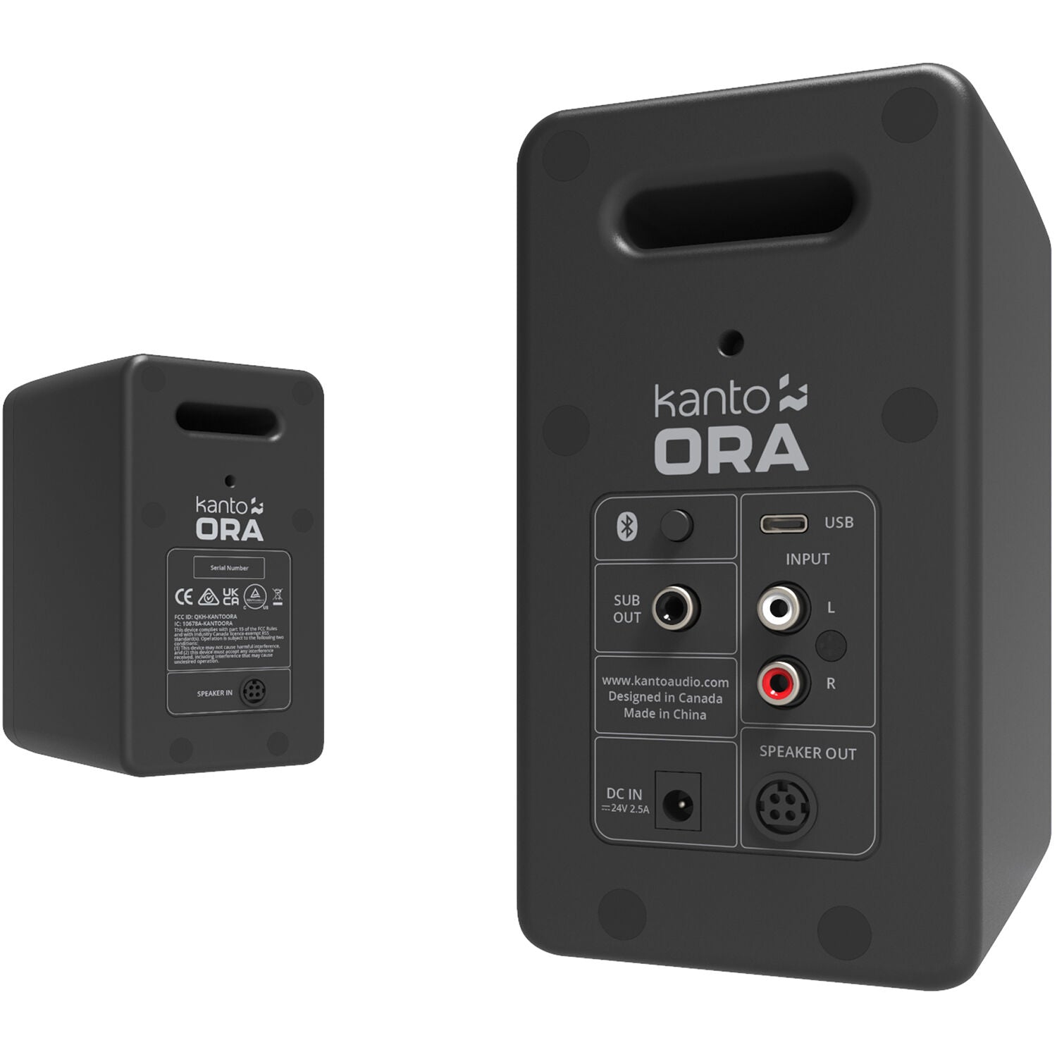 Kanto Audio Ora desktop speakers with sleek black design and compact size, ideal for high-quality computer audio.