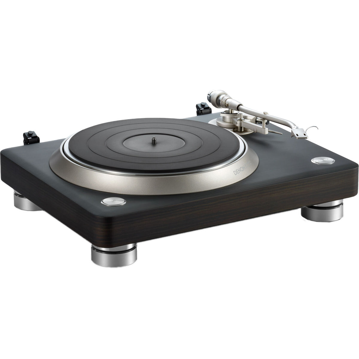 Denon DP-3000NE turntable with wooden plinth, tonearm, and vinyl record, showcasing high-quality audio equipment design.