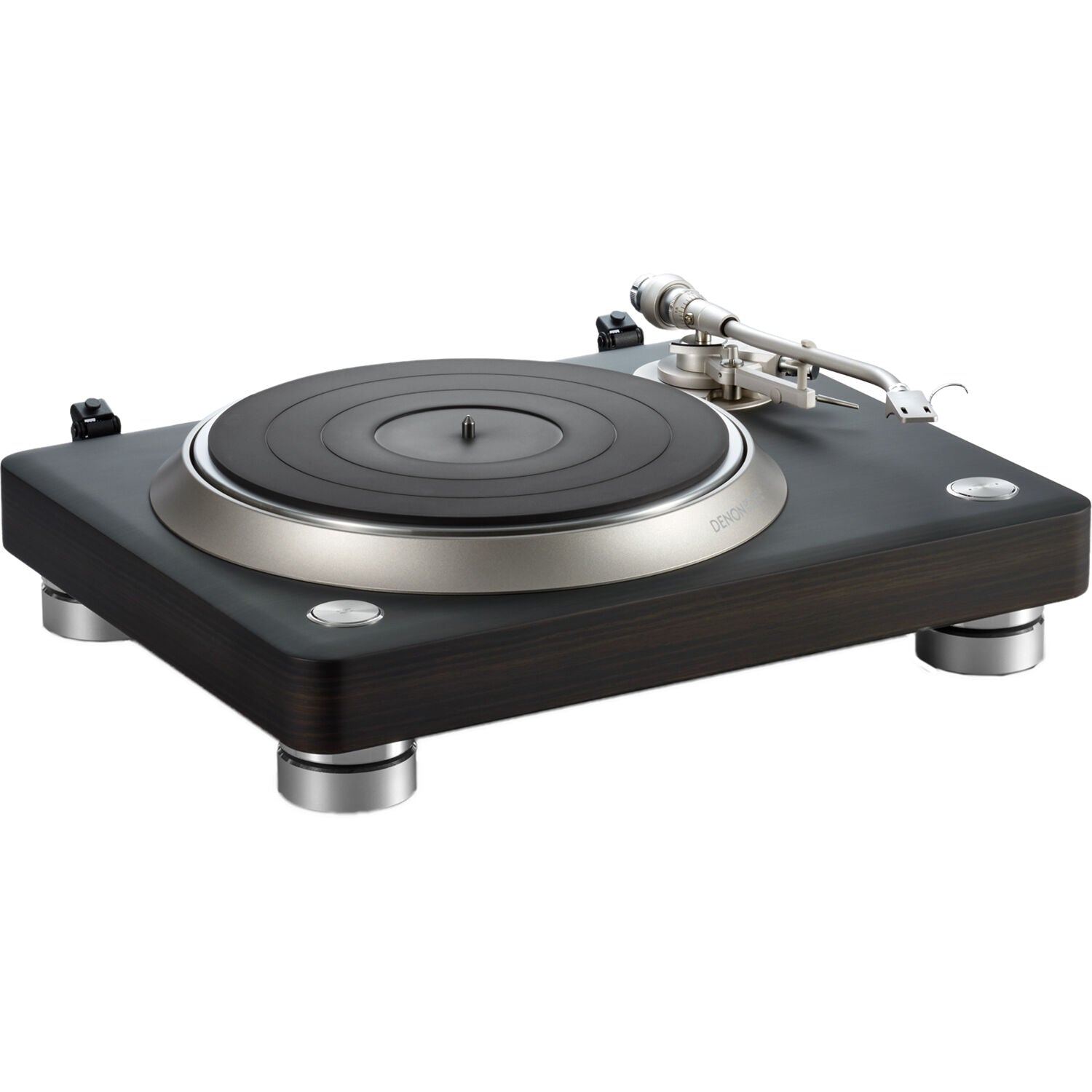 Denon DP-3000NE turntable with wooden plinth, tonearm, and vinyl record, showcasing high-quality audio equipment design.