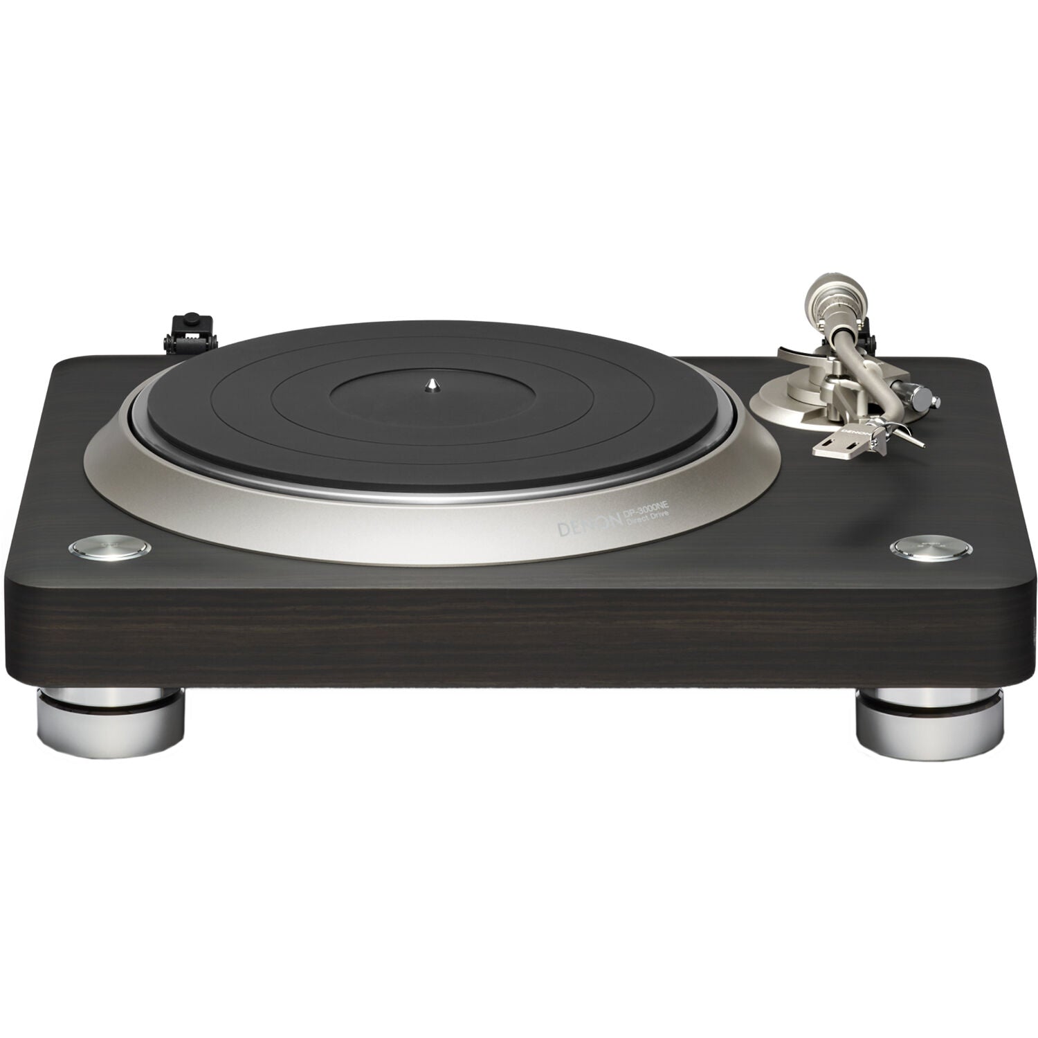 Denon DP-3000NE turntable with a sleek design, featuring a tonearm, platter, and control buttons on a modern audio setup.