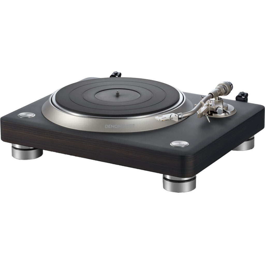 Denon DP-3000NE turntable with a sleek black finish, tonearm, and stylus, showcasing its modern audio equipment design.