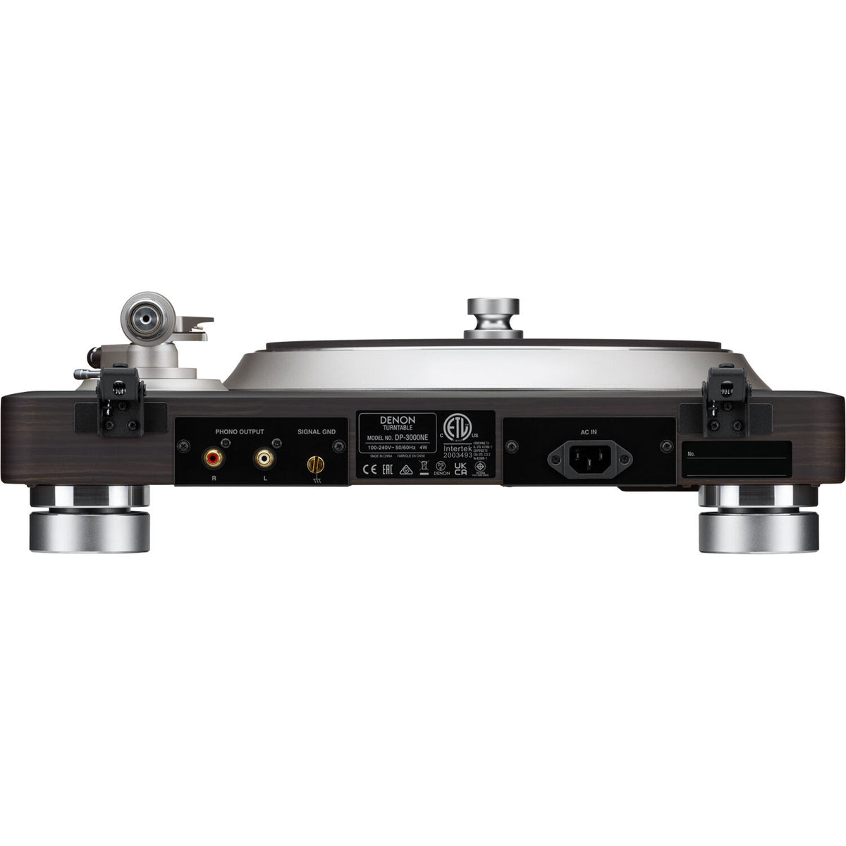 Denon DP-3000NE turntable with wooden plinth and tonearm, featuring a modern design for high-quality vinyl playback.