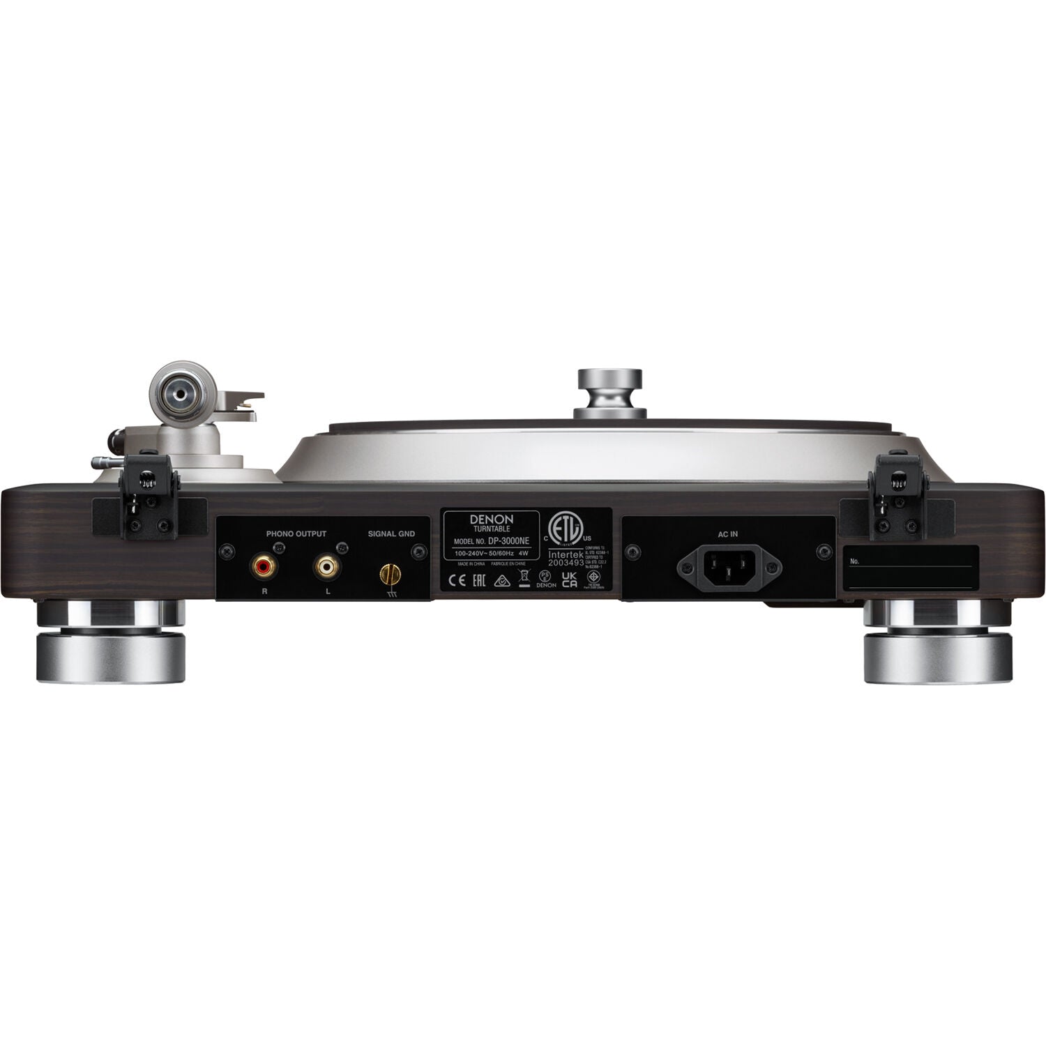 Denon DP-3000NE turntable with wooden plinth and tonearm, featuring a modern design for high-quality vinyl playback.