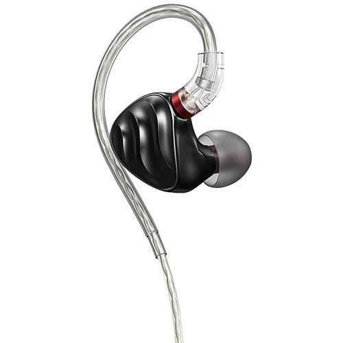 FiiO FH3 black in-ear headphones with sleek design and detachable cables, shown from a side angle.