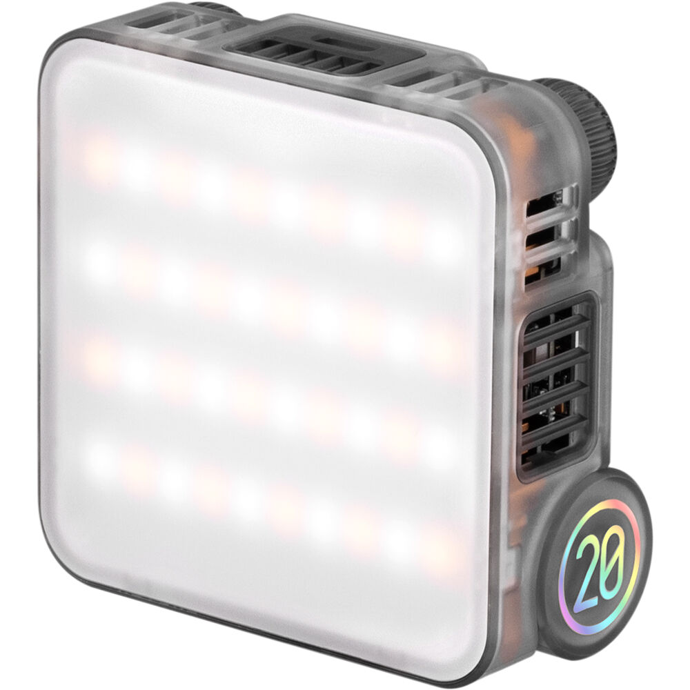 Zhiyun Fiveray M20 bi-color LED lights showing adjustable panels and control buttons for professional lighting.