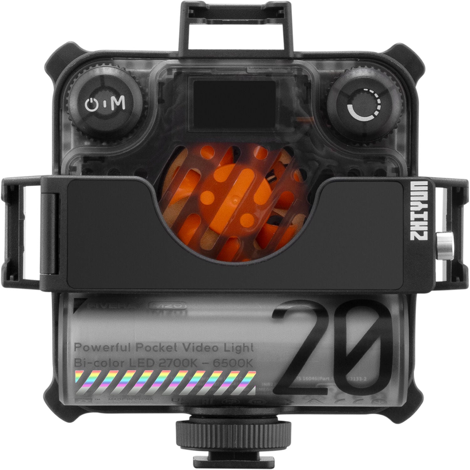 Zhiyun Fiveray M20 bi-color LED light panel with adjustable brightness and color temperature, shown with mounting accessories.