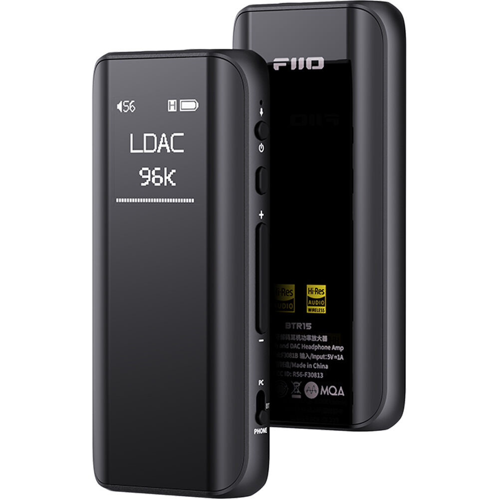 FiiO BTR15 portable headphone amplifier and DAC with sleek black design and control buttons on the front panel.