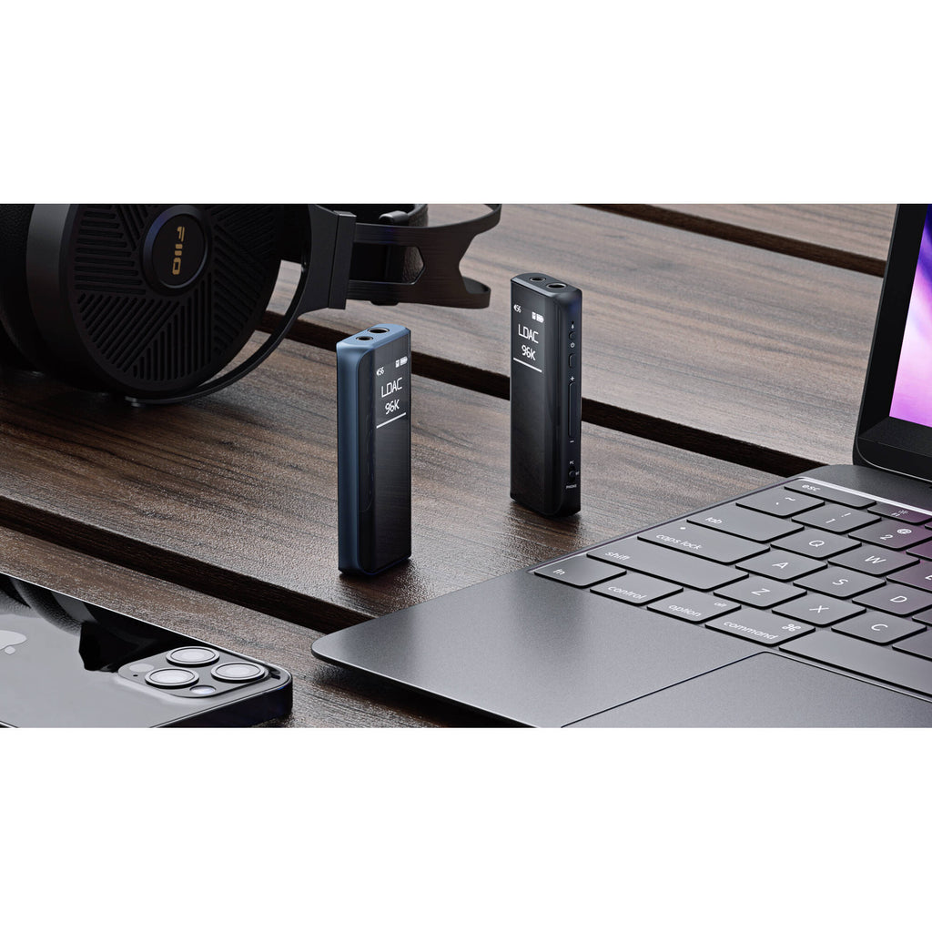 FiiO BTR15 portable headphone amplifier and DAC with sleek black design and multiple connection ports.