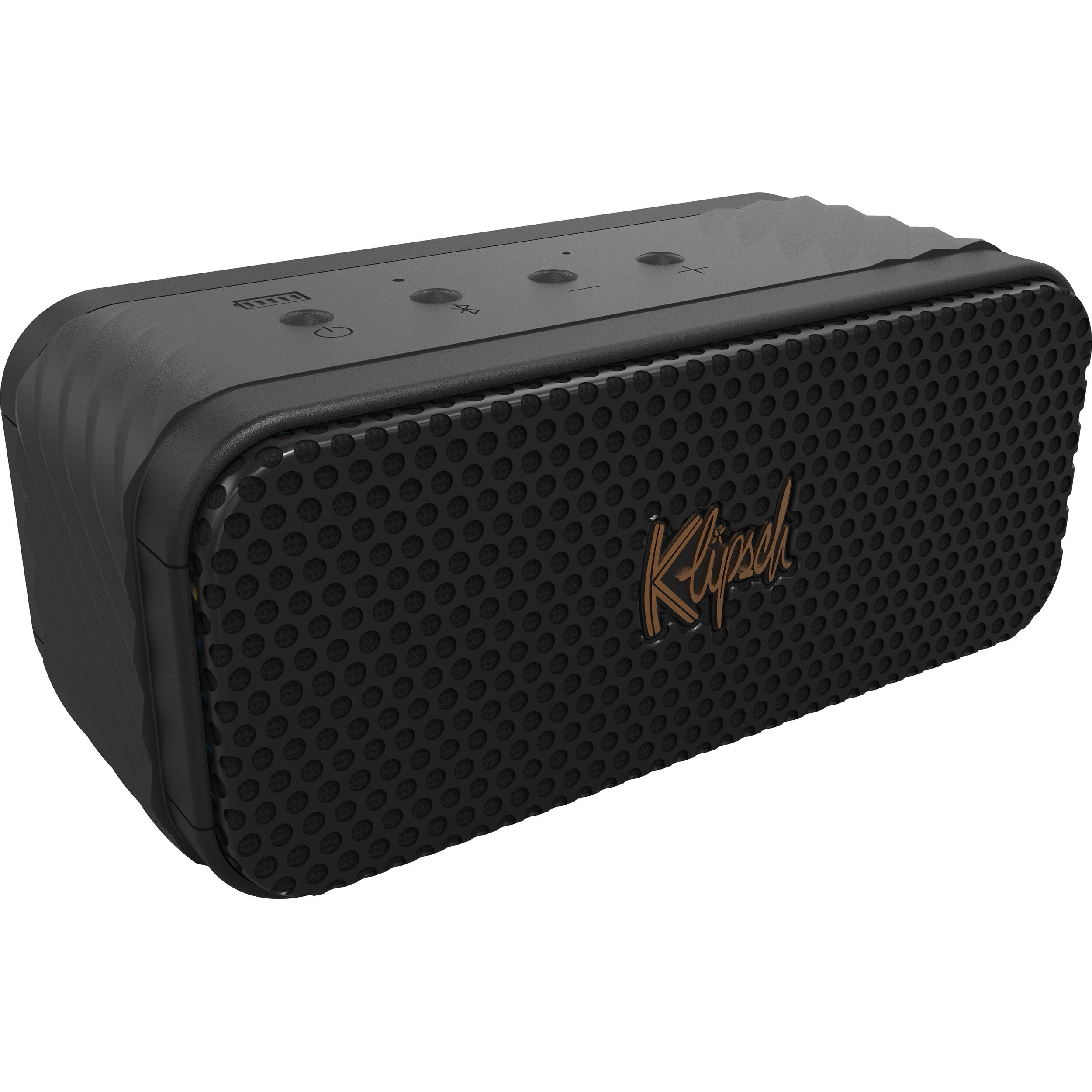Klipsch Nashville portable speaker with sleek black design and control buttons on top, ideal for high-quality audio on the go.