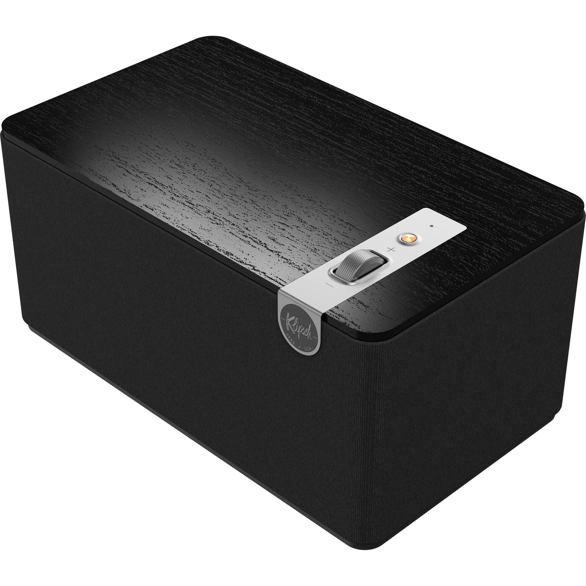 Klipsch The Three Plus wireless speaker with wooden cabinet, digital display, and control knobs, showcasing a modern audio design.