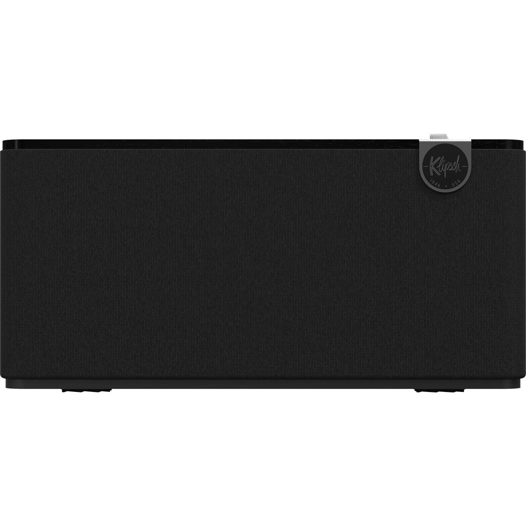 Klipsch The Three Plus wireless speaker with wooden cabinet and control knobs, showcasing vintage-inspired design.